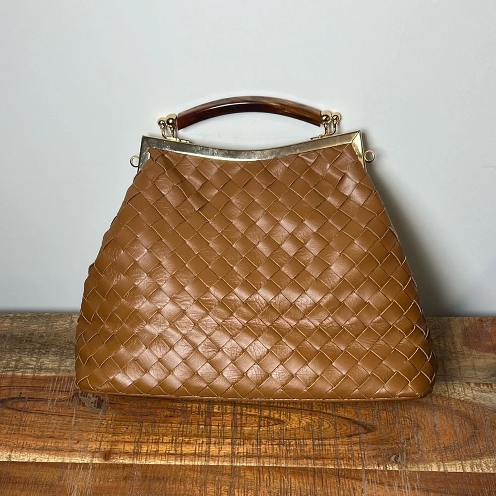 Valentina Fiore Brown Woven Leather Shoulder Bag with Curved Handle, No Strap - Picture 1 of 9